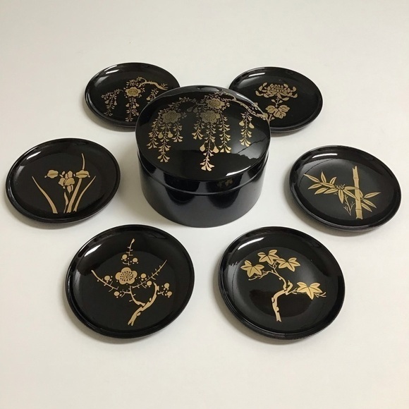Vintage Japanese Black Lacquerware Box 6 Round Coasters Bamboo Cherry Blossom - Picture 9 of 12